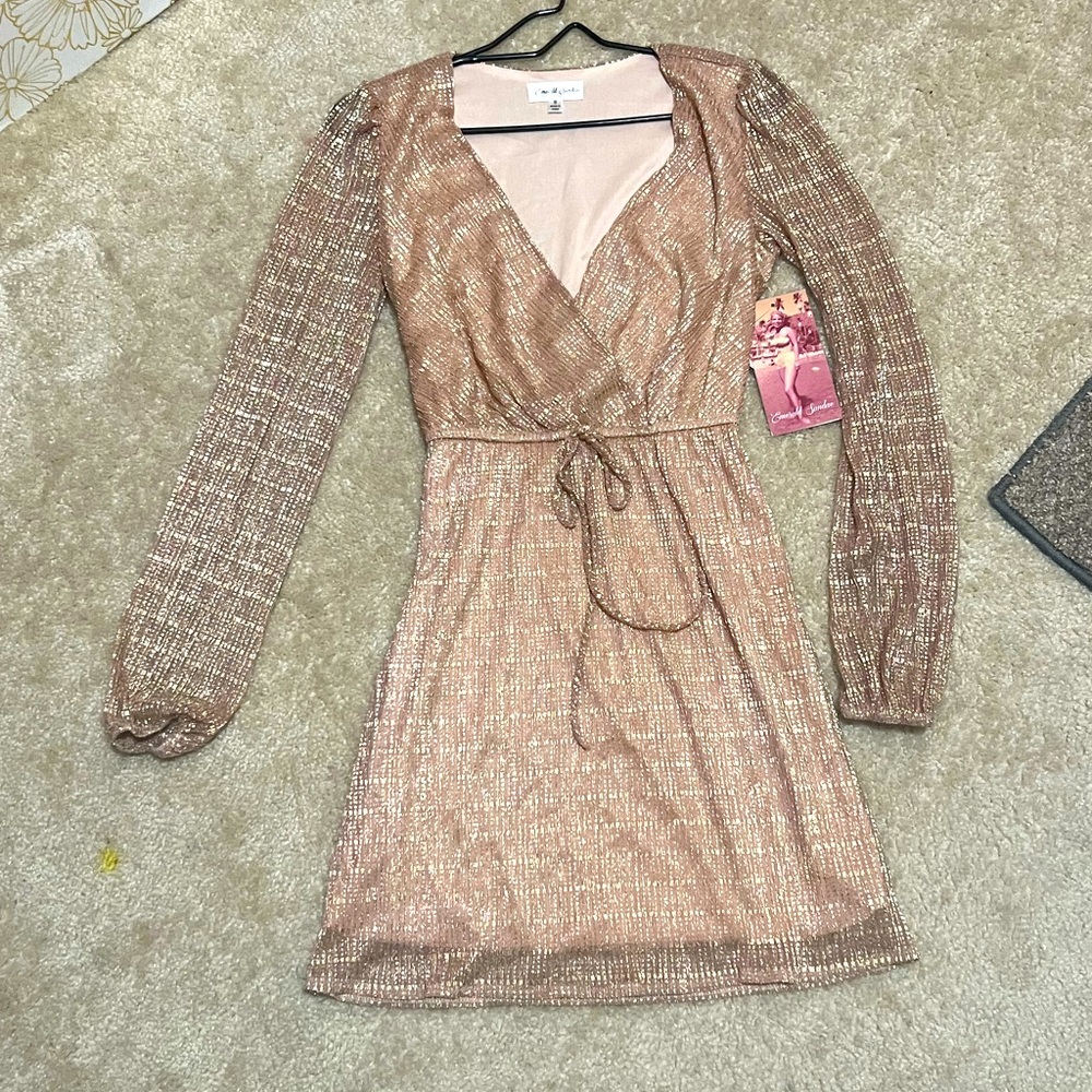 Emerald Sundae size small NWT rosé pink dress, faux-wrap, v-neck mini skirt